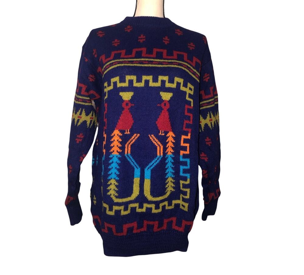 VTG Benetton Shetland Wool Sweater 80s 90s Blue 
Aztec Bird Geometric Unisex